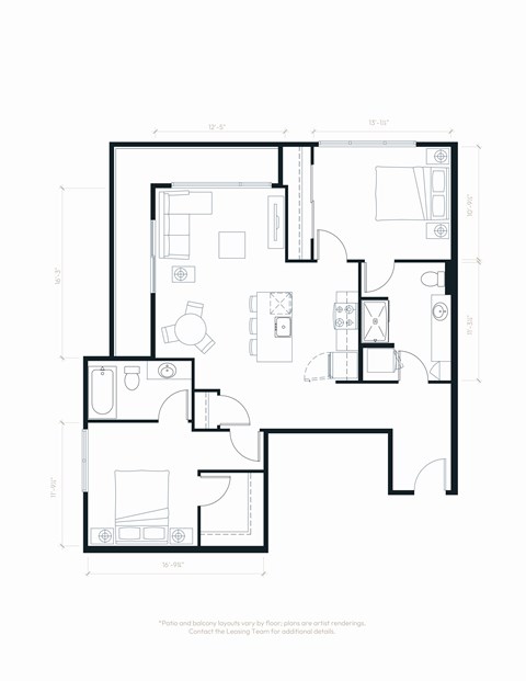 Floor plan for 2 beds, 2 baths, 1014 sqft